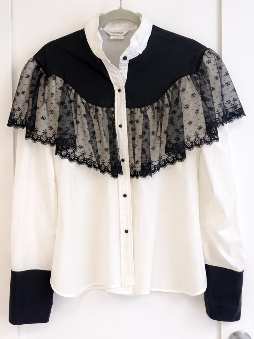 Karman Western Onyx Button Down Shirt White w Black Lace | Black Cuffs | EUC